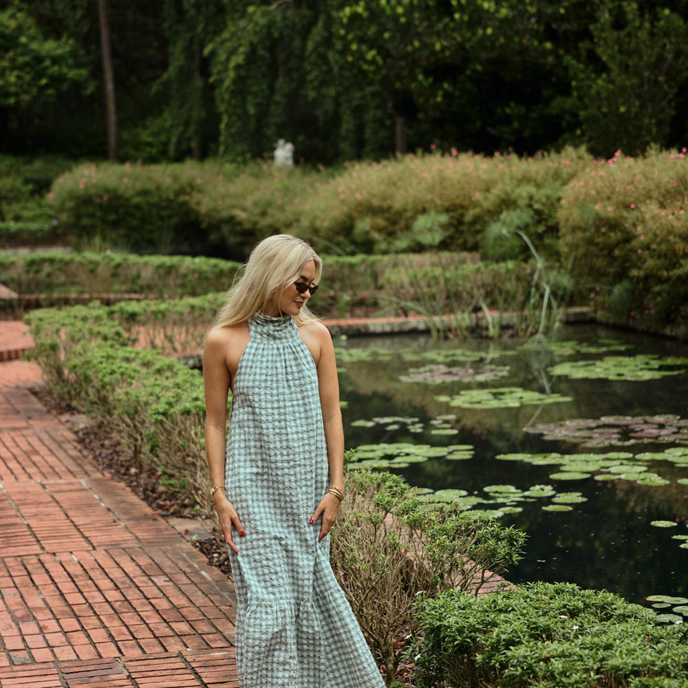 Audrey Bow Halter Maxi Dress in Gingham