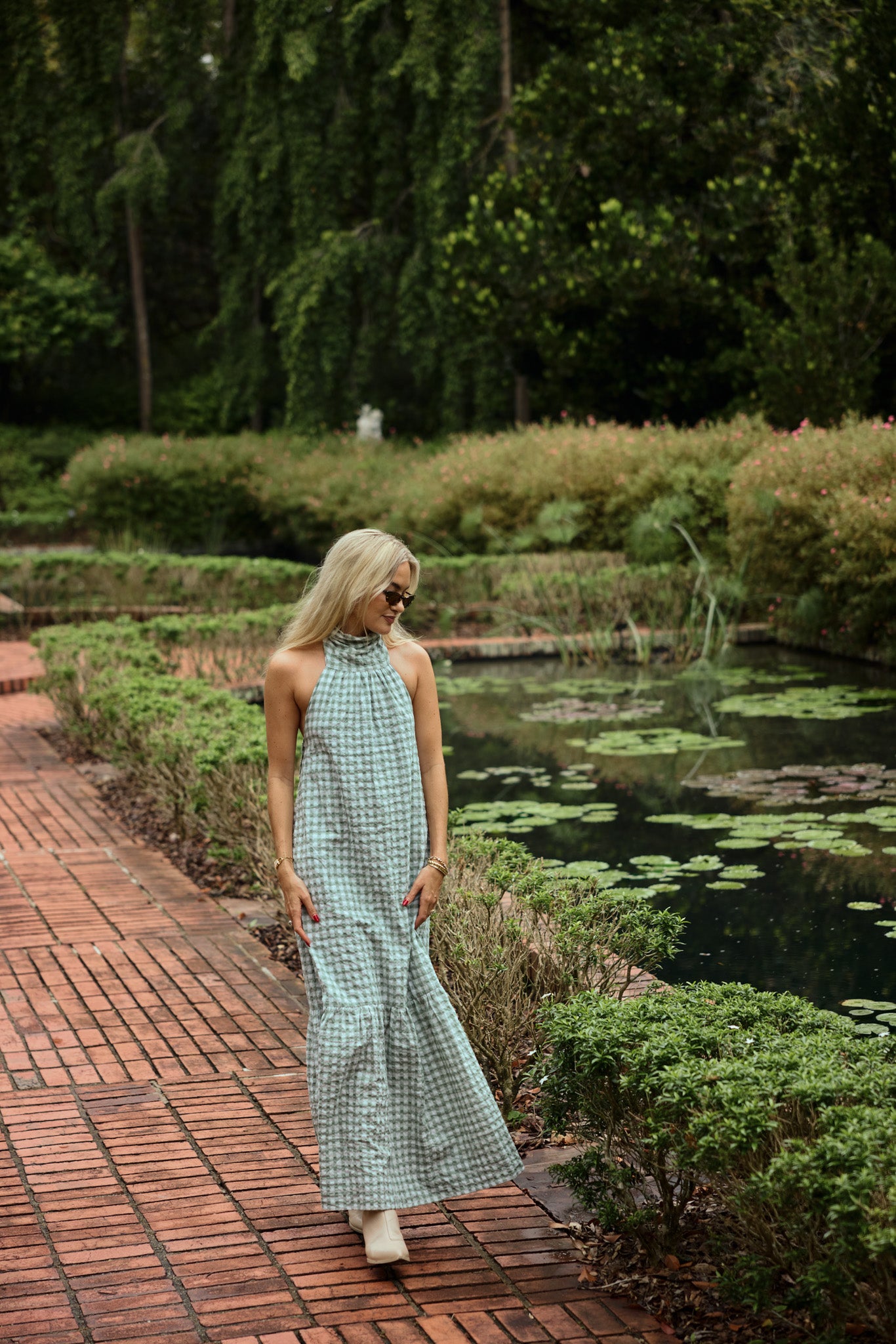 Audrey Bow Halter Maxi Dress in Gingham