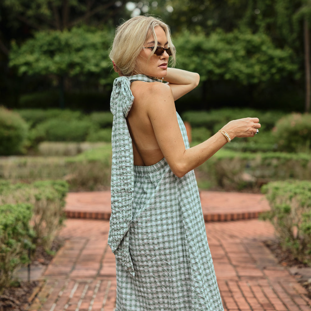 
                  
                    Audrey Bow Halter Maxi Dress in Gingham
                  
                